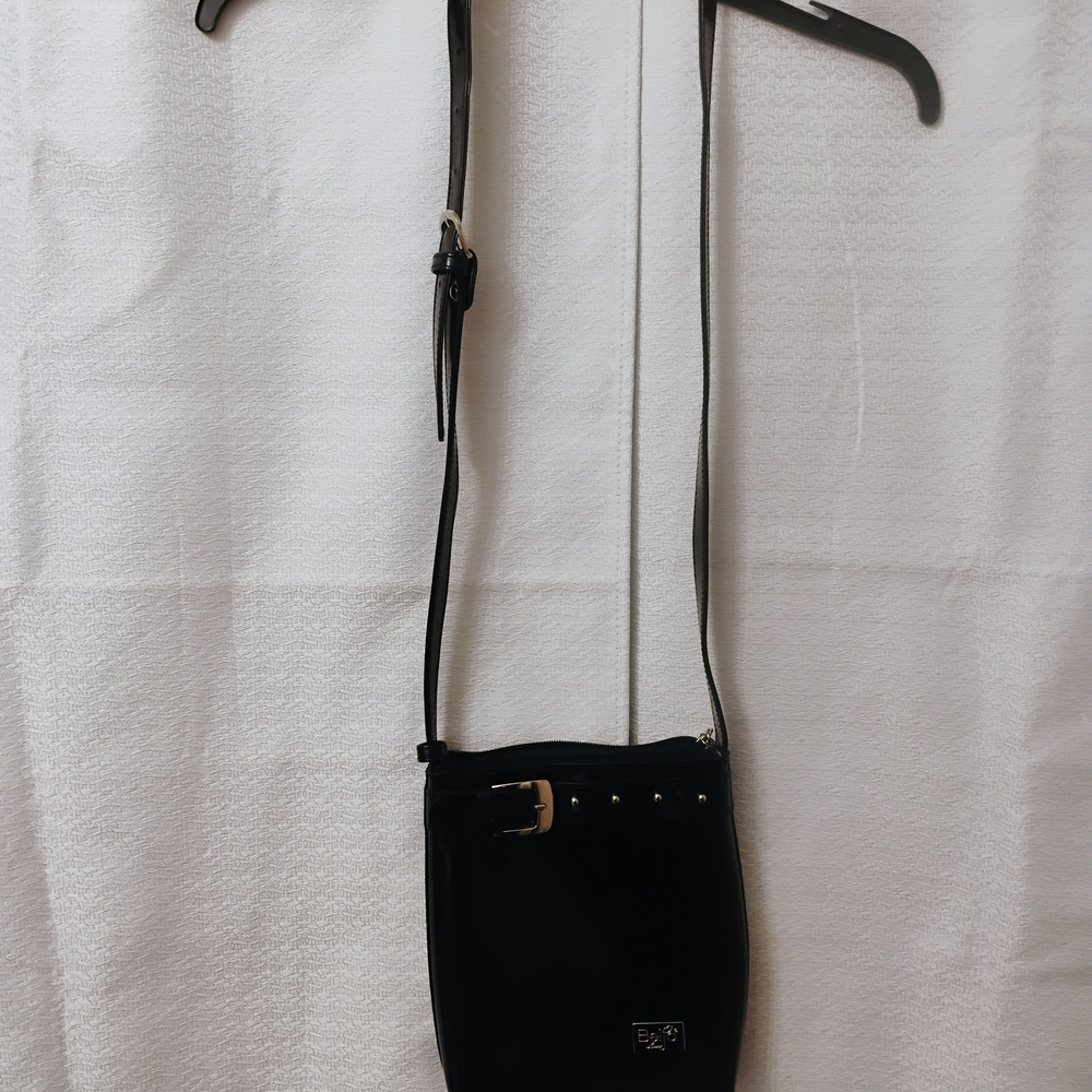 Beijo Black Patent Faux Leather Crossbody Bag with Buckle